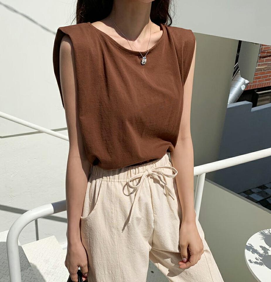 ≪人気商品再入荷≫ショルダータックノースリーブ・全5色・e65476 レディース 【tops】韓国ファッション トップス スリーブレス ノースリーブ 着痩せ 華奢見 フレンチスリーブ ラウンドネック 大人 スリム 細身 フェミニン 夏 春