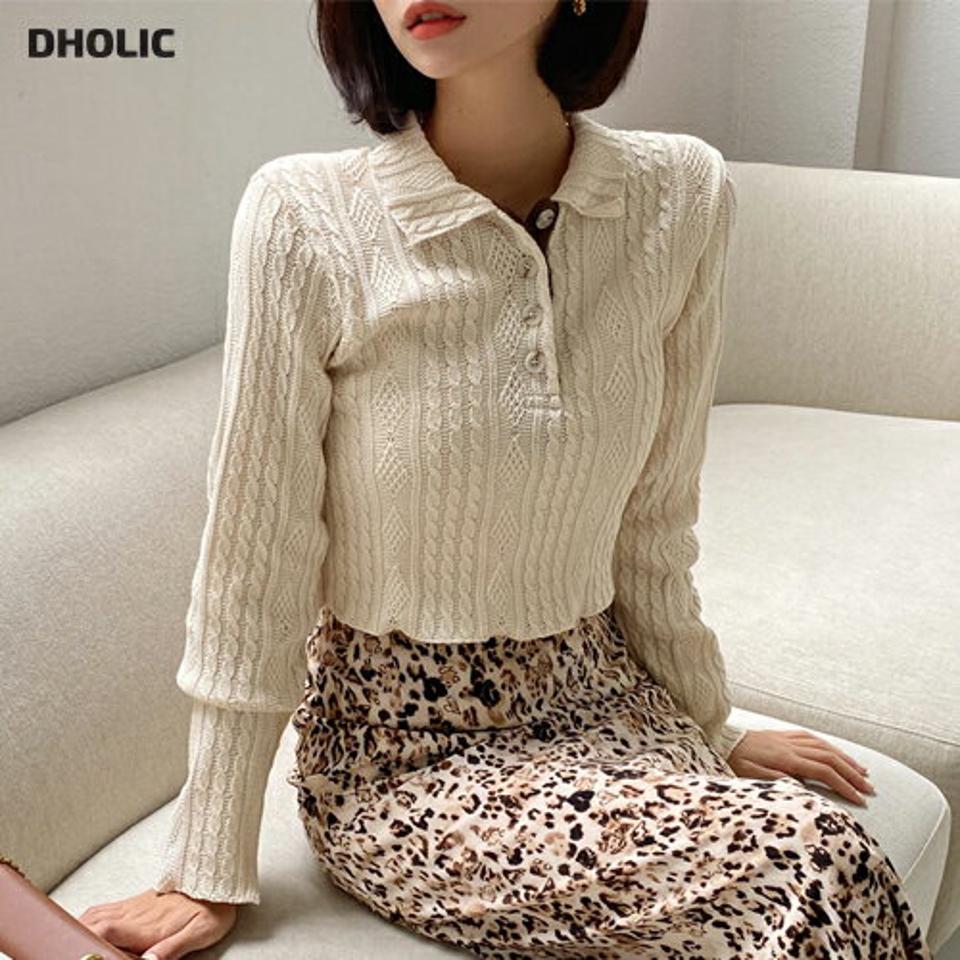 即日配送【只今30%OFF】カラーケーブルニット・全4色・t62625 レディース 【tops】韓国ファッション トップス ニット 長袖 デイリー Vネック スリム ケーブル クロップド丈 ハーフボタン ボタン 細身 体型カーバー フェミニン 上品 フィット 春