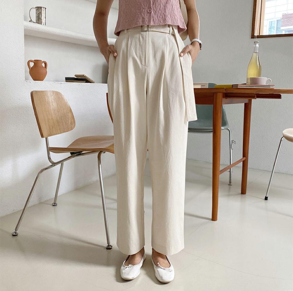 ベルト付ハイウエストワイドパンツ・全2色・t62636 レディース 【pt】韓国 ファッション ボトムス ロング ロングパンツ ベーシック 美脚 ハイウエスト フリル ベルト ツータック スリム ワイド 体型カーバー 細身 足長 着痩せ 夏 春