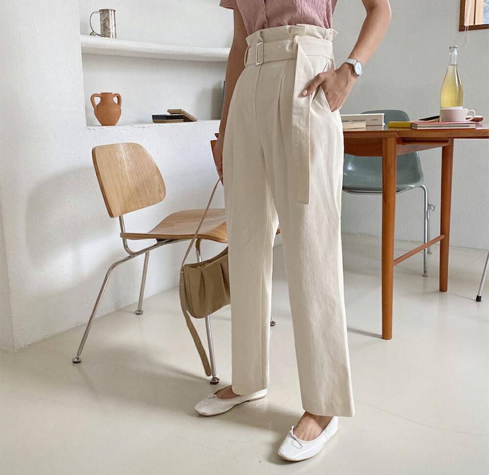 ベルト付ハイウエストワイドパンツ・全2色・t62636 レディース 【pt】韓国 ファッション ボトムス ロング ロングパンツ ベーシック 美脚 ハイウエスト フリル ベルト ツータック スリム ワイド 体型カーバー 細身 足長 着痩せ 夏 春