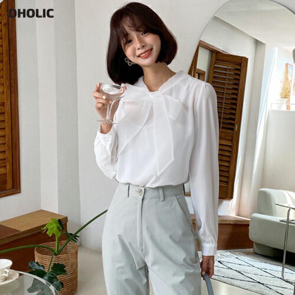 ネックシアーリボンブラウス・全2色・t62619 レディース 【bl】韓国 ファッション トップス ブラウス 長袖 ルーズ ゆったり リボンネック リボン 透け感 ギャザー フェミニン カジュアル スリム 秋 シースルー 夏 春