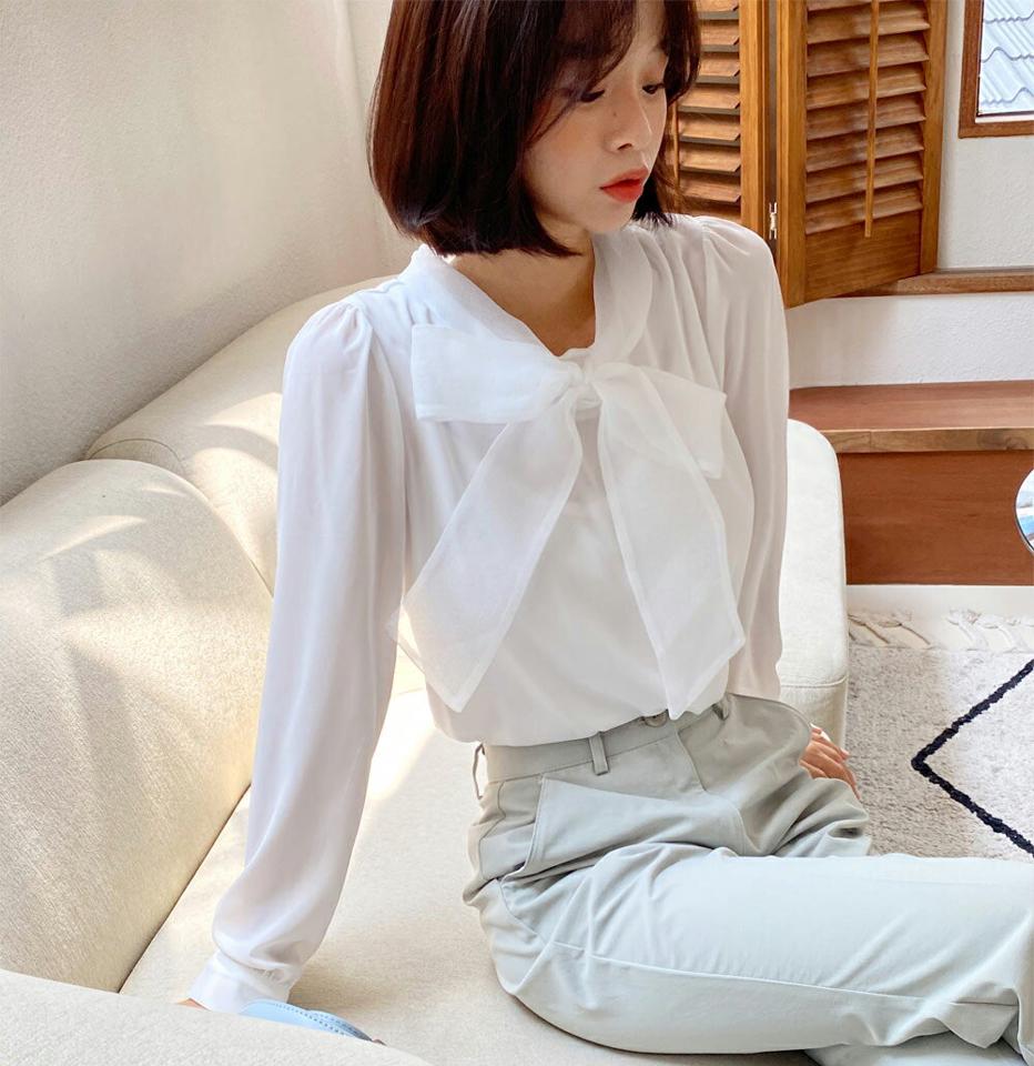 ネックシアーリボンブラウス・全2色・t62619 レディース 【bl】韓国 ファッション トップス ブラウス 長袖 ルーズ ゆったり リボンネック リボン 透け感 ギャザー フェミニン カジュアル スリム 秋 シースルー 夏 春