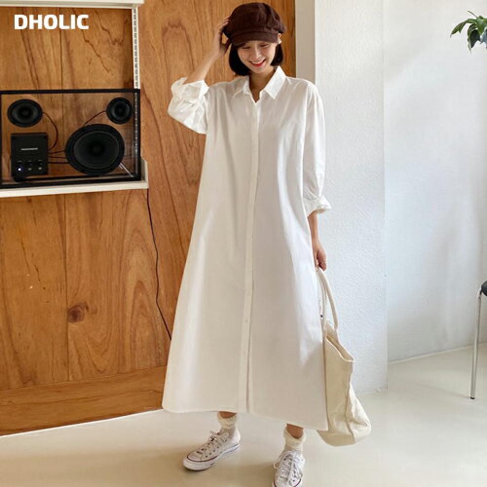 2WAYロングシャツワンピース・全4色・t62659 レディース 【ops】韓国ファッション ワンピース ロングワンピース 長袖 シャツワンピース シャツ リボン ボタン 体型カバー 2WAY フェミニン 夏 春