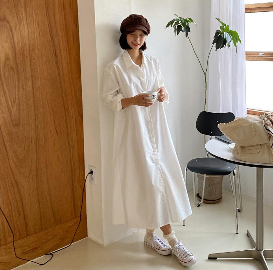 2WAYロングシャツワンピース・全4色・t62659 レディース 【ops】韓国ファッション ワンピース ロングワンピース 長袖 シャツワンピース シャツ リボン ボタン 体型カバー 2WAY フェミニン 夏 春