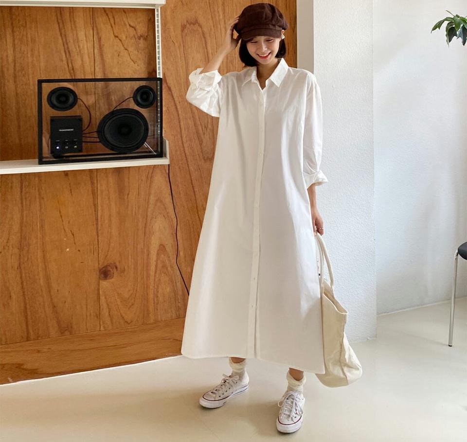 2WAYロングシャツワンピース・全4色・t62659 レディース 【ops】韓国ファッション ワンピース ロングワンピース 長袖 シャツワンピース シャツ リボン ボタン 体型カバー 2WAY フェミニン 夏 春