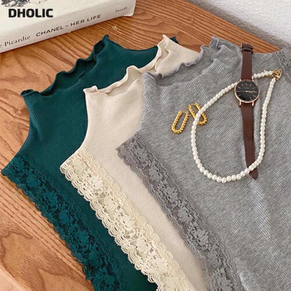 レースハーフネックスリーブレス・全5色・62614 レディース 【tops】韓国 ファッション トップス スリーブレス ノースリーブ レース ハーフネック 大人 ウェーブ リブ フィット スリム 細身 体型カバー フェミニン 夏 春