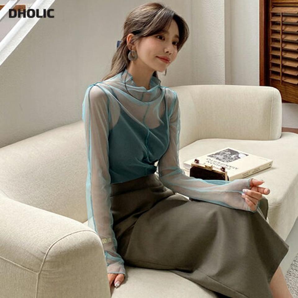 シアーハーフネックブラウス・全5色・62621 レディース 【bl】韓国ファッション トップス ブラウス 長袖 ルーズ ゆったり シアー モダン ハーフネック ルーズ ステッチ メリハリ 透け感 フェミニン カジュアル スリム 夏 春