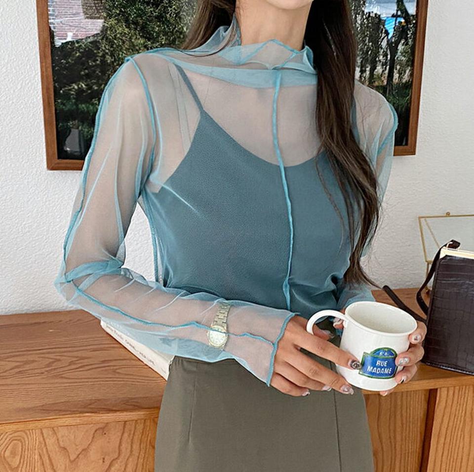 シアーハーフネックブラウス・全5色・62621 レディース 【bl】韓国ファッション トップス ブラウス 長袖 ルーズ ゆったり シアー モダン ハーフネック ルーズ ステッチ メリハリ 透け感 フェミニン カジュアル スリム 夏 春