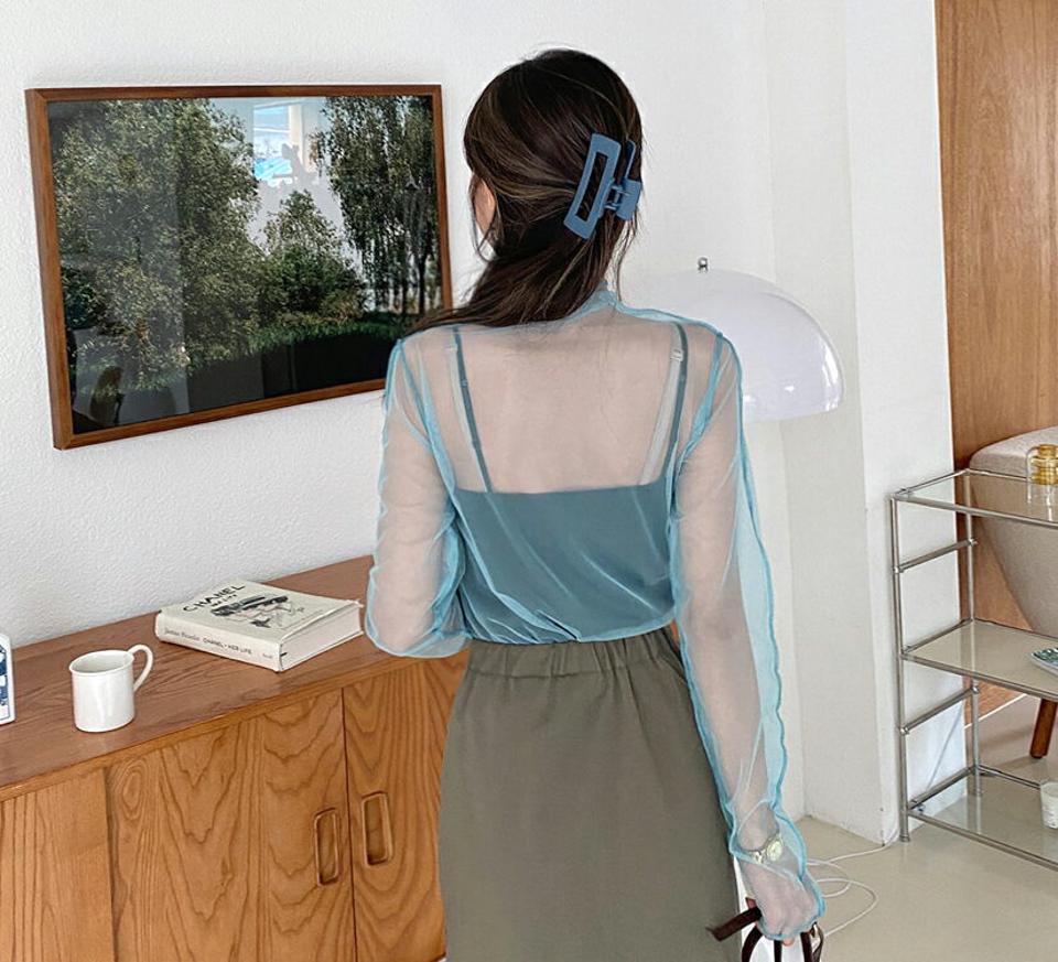 シアーハーフネックブラウス・全5色・62621 レディース 【bl】韓国ファッション トップス ブラウス 長袖 ルーズ ゆったり シアー モダン ハーフネック ルーズ ステッチ メリハリ 透け感 フェミニン カジュアル スリム 夏 春