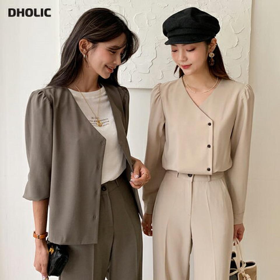 アンバランスボタンブラウス・全3色・t57953 レディース 【bl】韓国 ファッション トップス ブラウス 長袖 ルーズ ゆったり ベーシック ボタン ユニーク Vネック フェミニン かわいい カジュアル スリム 秋 夏 春