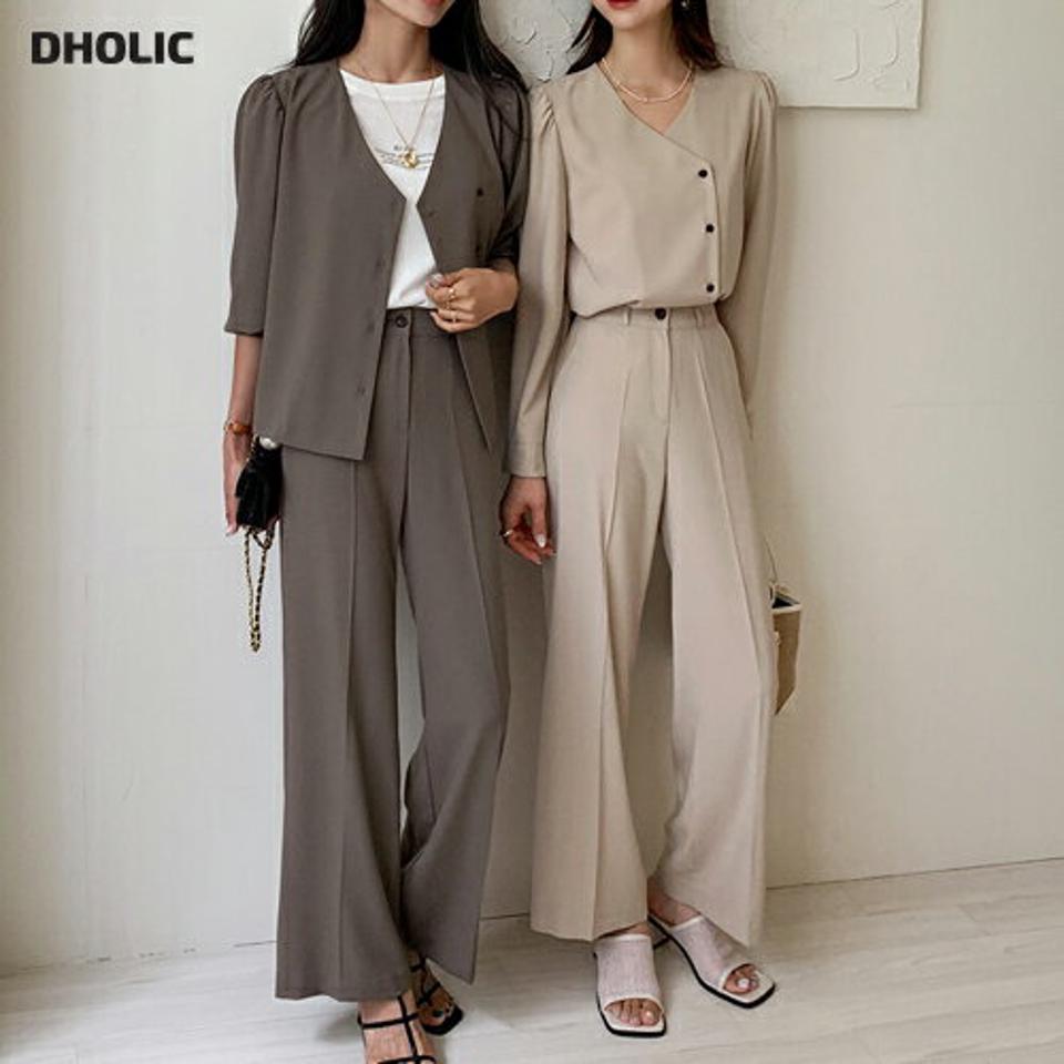 アンバランスボタンブラウス&スラックスSET・全3色・t57957 レディース 【pt】韓国ファッション ボトムス ロング ロングパンツ ベーシック スラックス セット セットアップ ワイド ストレート 美脚 着痩せ オフィスカジュアル 夏 春