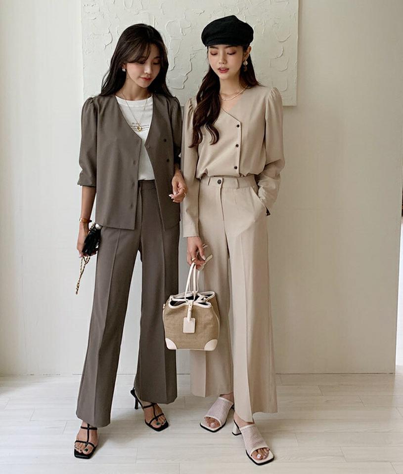 アンバランスボタンブラウス&スラックスSET・全3色・t57957 レディース 【pt】韓国ファッション ボトムス ロング ロングパンツ ベーシック スラックス セット セットアップ ワイド ストレート 美脚 着痩せ オフィスカジュアル 夏 春