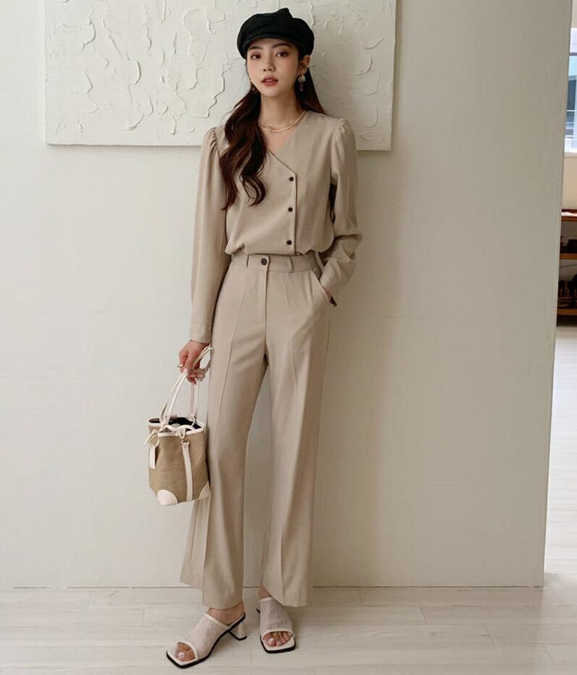 アンバランスボタンブラウス&スラックスSET・全3色・t57957 レディース 【pt】韓国ファッション ボトムス ロング ロングパンツ ベーシック スラックス セット セットアップ ワイド ストレート 美脚 着痩せ オフィスカジュアル 夏 春