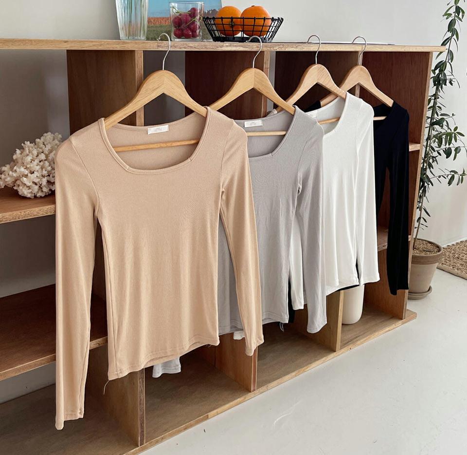 スクエアネックリブTシャツ・全4色・t65792 レディース 【tops】韓国ファッション トップス Tシャツ 長袖 シンプル レーヨン スクエアネック スリム デコルテ フィット タイト ベーシック デイリー 体型カバー 細身 フェミニン 秋 春