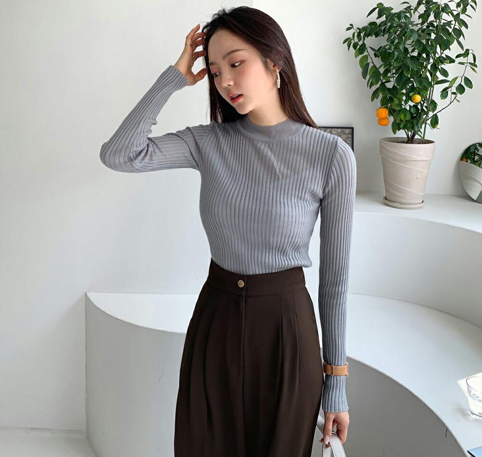 ハーフネックリブニット・全5色・t65796 レディース 【tops】韓国 ファッション トップス ニット 長袖 デイリー スリム リブ フィット ハーフネック 大人 シンプル 細身 体型カーバー フェミニン 上品 秋 春