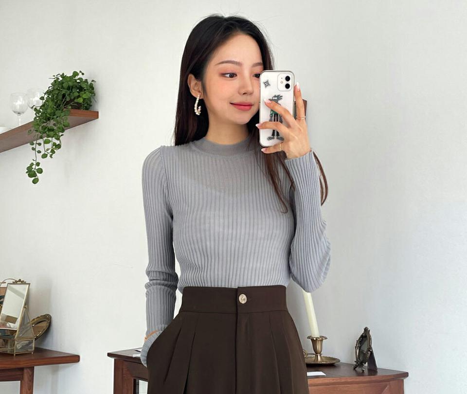 ハーフネックリブニット・全5色・t65796 レディース 【tops】韓国 ファッション トップス ニット 長袖 デイリー スリム リブ フィット ハーフネック 大人 シンプル 細身 体型カーバー フェミニン 上品 秋 春