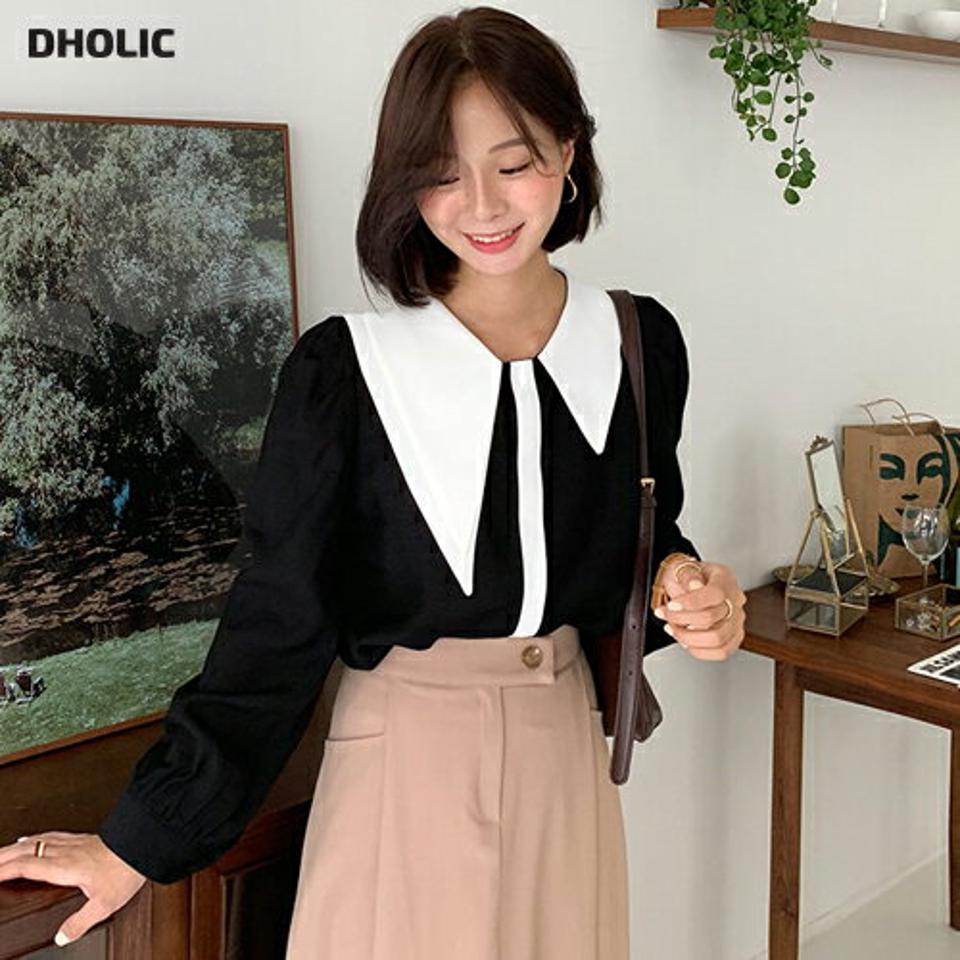 配色アシメカラーネックブラウス・全2色・b65797 レディース 【bl】韓国ファッション トップス ブラウス 長袖 ユニーク 小顔 配色 ライン メリハリ ボタン ギャザー ラウンドネック 上品 フェミニン カジュアル オフィスカジュアル 秋 春