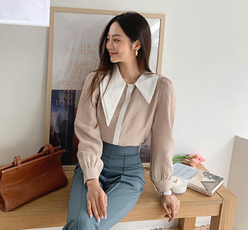 配色アシメカラーネックブラウス・全2色・b65797 レディース 【bl】韓国ファッション トップス ブラウス 長袖 ユニーク 小顔 配色 ライン メリハリ ボタン ギャザー ラウンドネック 上品 フェミニン カジュアル オフィスカジュアル 秋 春