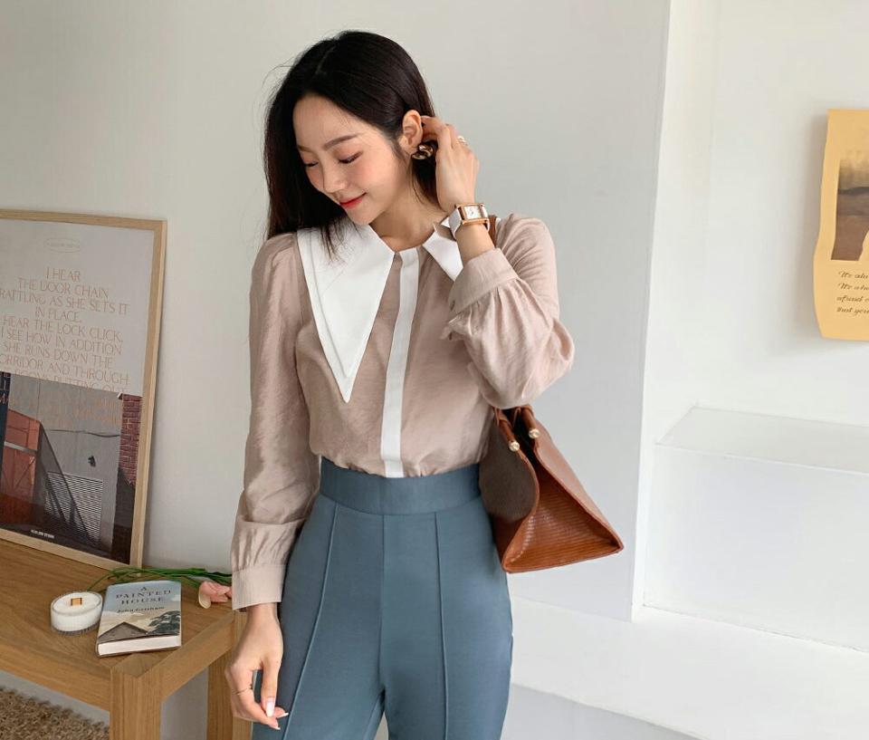 配色アシメカラーネックブラウス・全2色・b65797 レディース 【bl】韓国ファッション トップス ブラウス 長袖 ユニーク 小顔 配色 ライン メリハリ ボタン ギャザー ラウンドネック 上品 フェミニン カジュアル オフィスカジュアル 秋 春