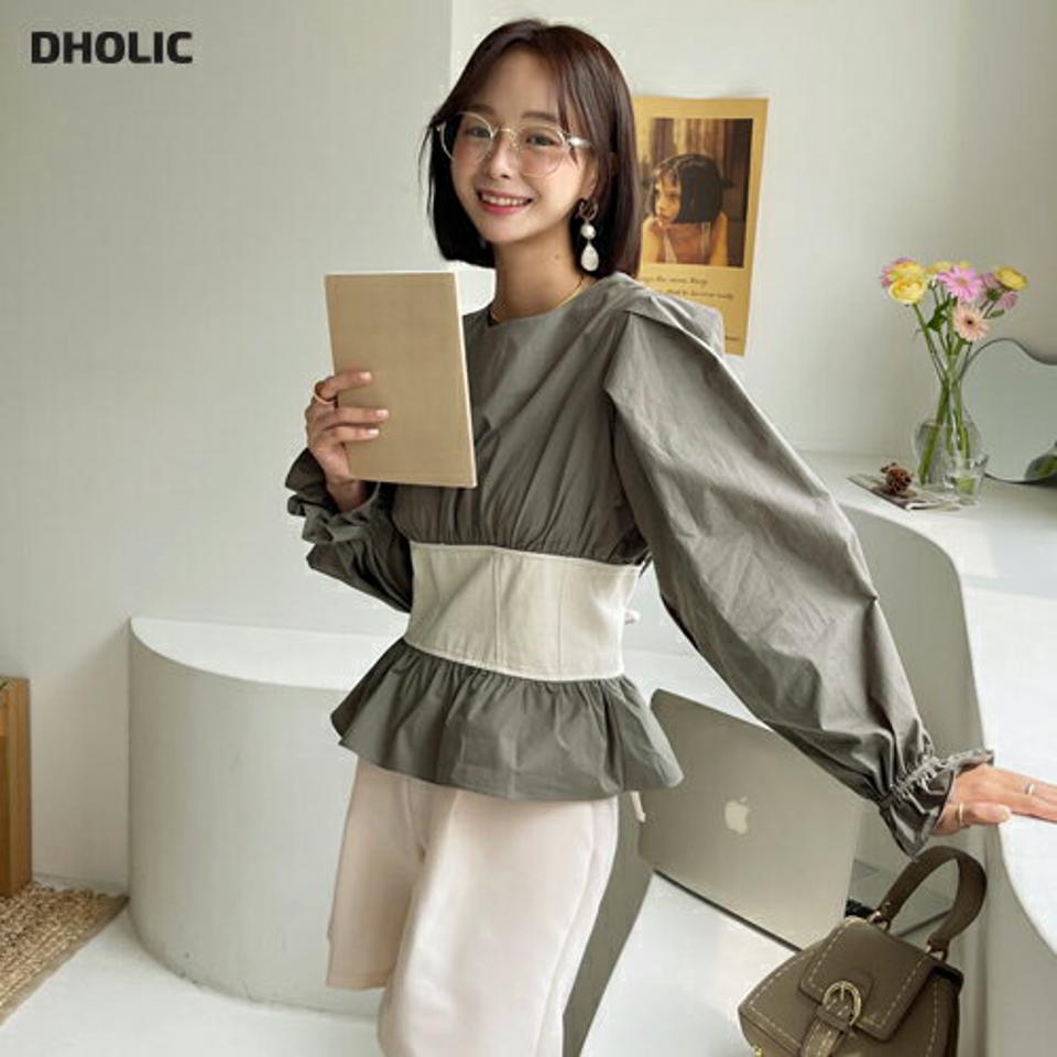 サッシュベルトレイヤード調ブラウス・全2色・t65800 レディース 【bl】韓国 ファッション トップス ブラウス 長袖 配色 ベルト ストラップ ギャザー ボリューム ボタン ラウンドネック 上品 フェミニン カジュアル 秋 春