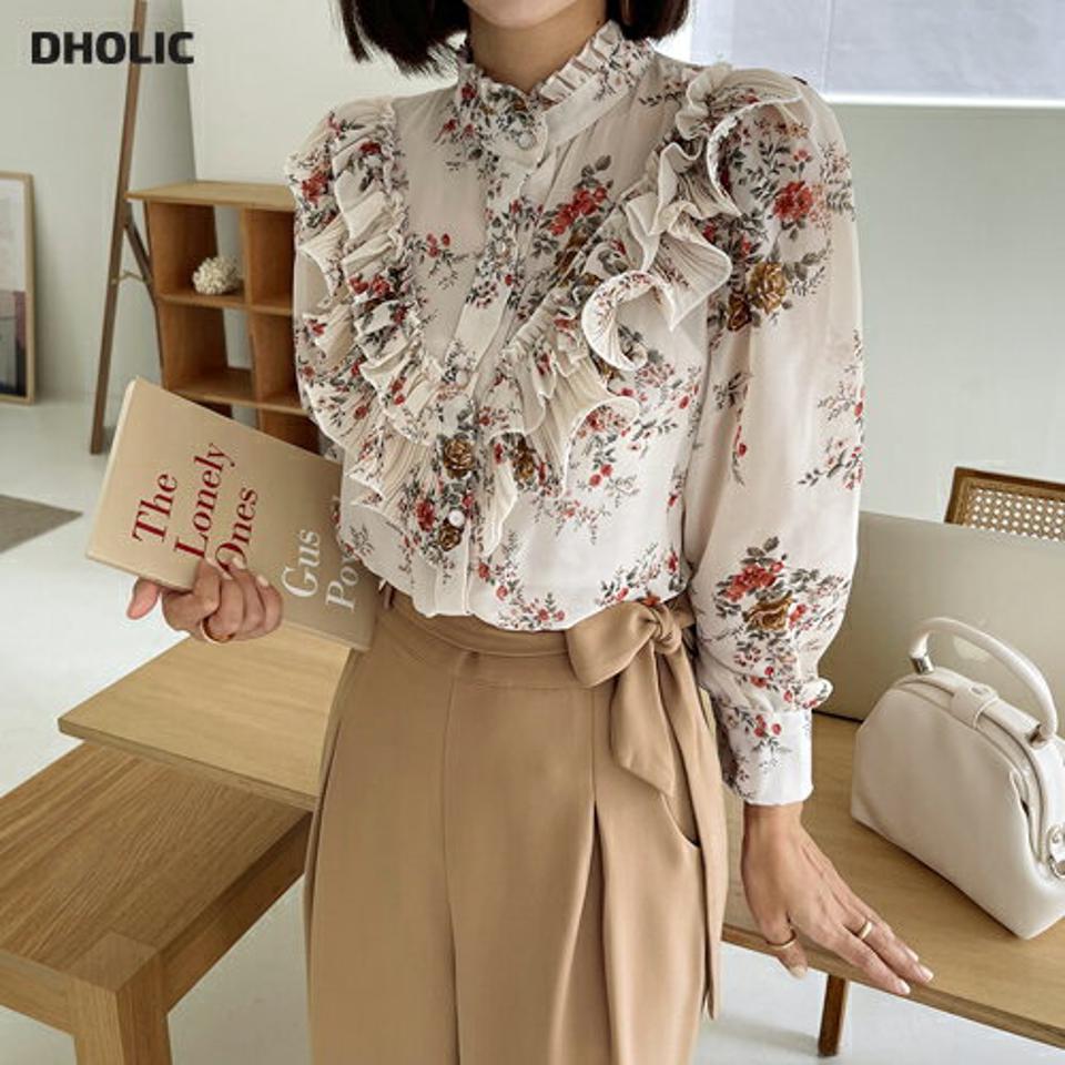 ハーフネックフリルフローラルブラウス・全1色・b65801 レディース 【bl】韓国 ファッション トップス ブラウス 長袖 ルーズ ゆったり 花柄 フリル シフォン ハーフネック 上品 フェミニン カジュアル 秋 春