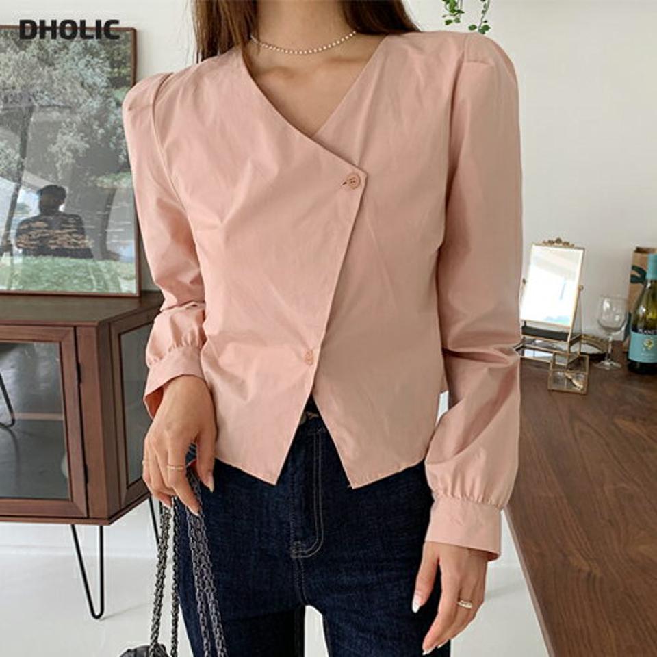 アンバランスボタンブラウス・全6色・t65802 レディース 【bl】韓国ファッション トップス ブラウス 長袖 ルーズ モダン Vネック ボタン デコルテ フェミニン ピンク カジュアル 秋 春