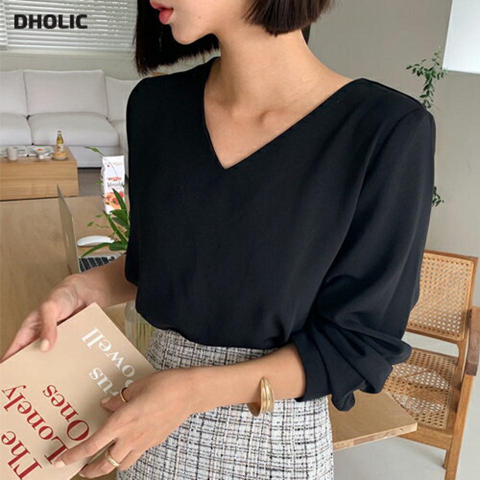 Vネックカフスブラウス・全2色・b65806 レディース 【bl】韓国ファッション トップス ブラウス 長袖 ルーズ ゆった りモダン Vネック フレア ボタン デコルテ フェミニン カジュアル 秋 春