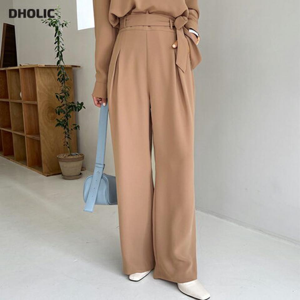 ストラップ付スラックス・全2色・b65818 レディース 【pt】韓国 ファッション ボトムス ロング ロングパンツ ベーシック 美脚 ワイド スラックス ゴム ルーズ ゆったり 楽ちん ストレート 体型カーバー 細身 足長 着痩せ 秋 春