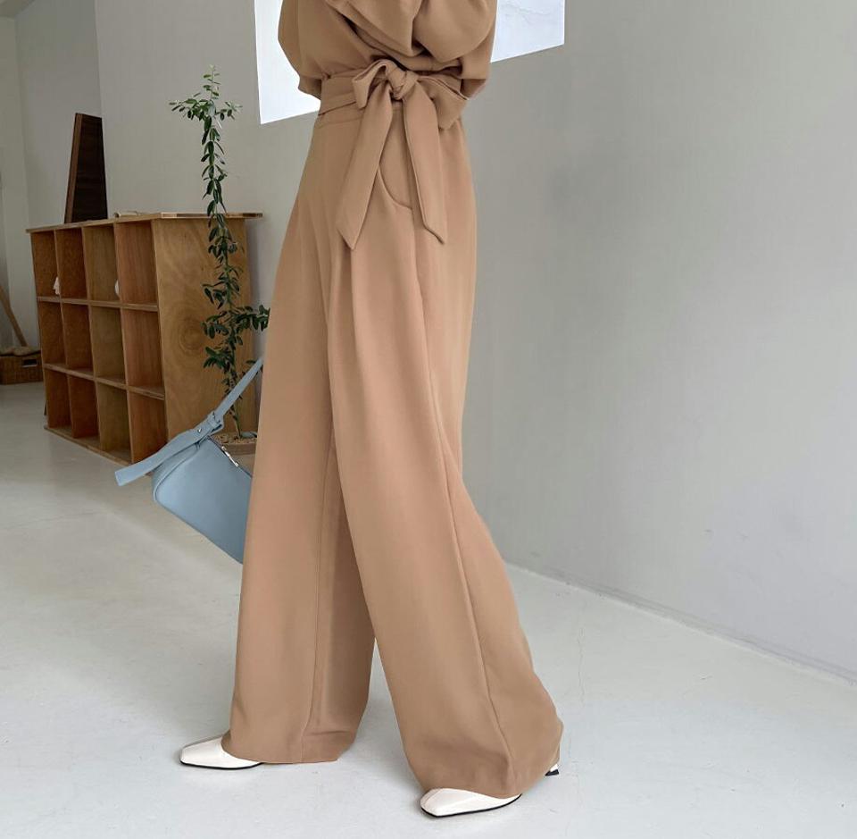 ストラップ付スラックス・全2色・b65818 レディース 【pt】韓国 ファッション ボトムス ロング ロングパンツ ベーシック 美脚 ワイド スラックス ゴム ルーズ ゆったり 楽ちん ストレート 体型カーバー 細身 足長 着痩せ 秋 春