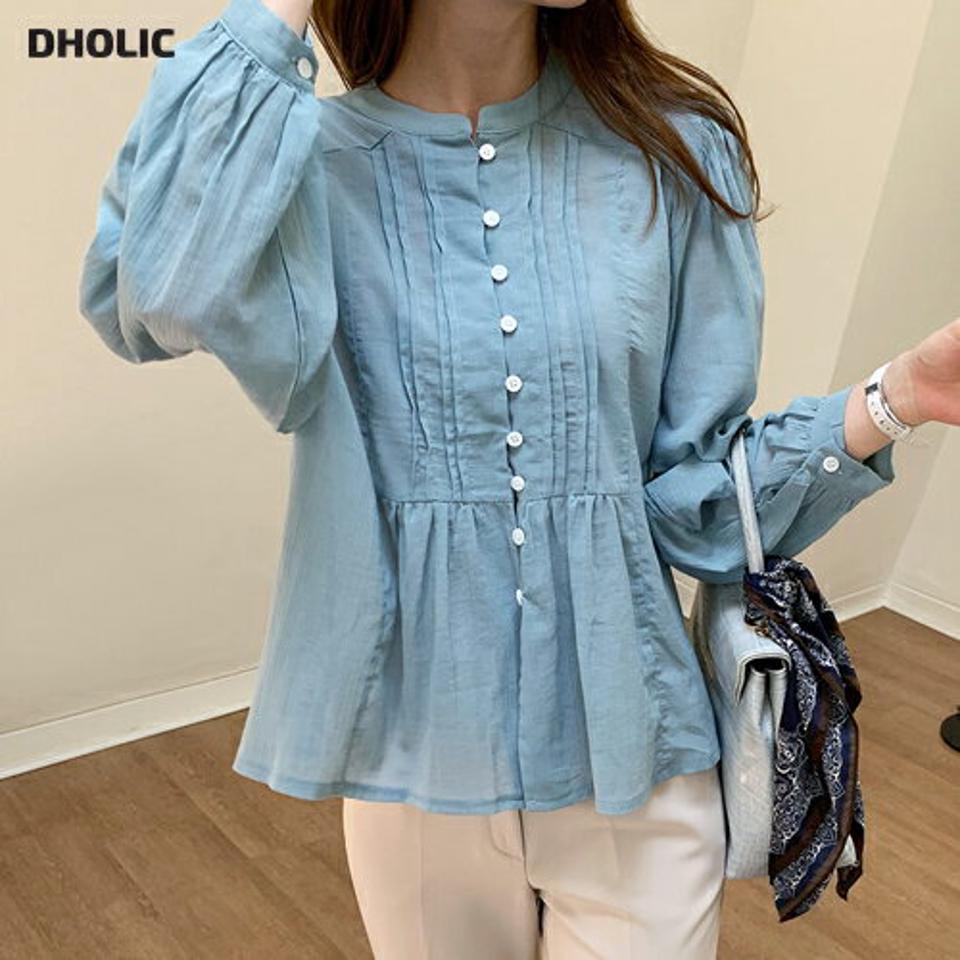 バンドカラーブラウス・全3色・t69594 レディース 【bl】トップス ブラウス 長袖 バンドカラー ピンタック 可愛い かわいい 大人 ガーリー 春 秋 韓国 ファッション ハイホリHIHOLLI