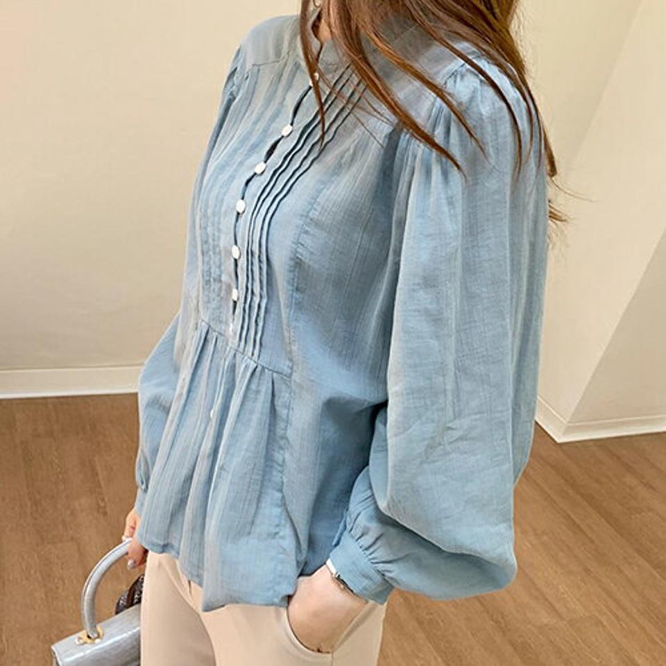 バンドカラーブラウス・全3色・t69594 レディース 【bl】トップス ブラウス 長袖 バンドカラー ピンタック 可愛い かわいい 大人 ガーリー 春 秋 韓国 ファッション ハイホリHIHOLLI