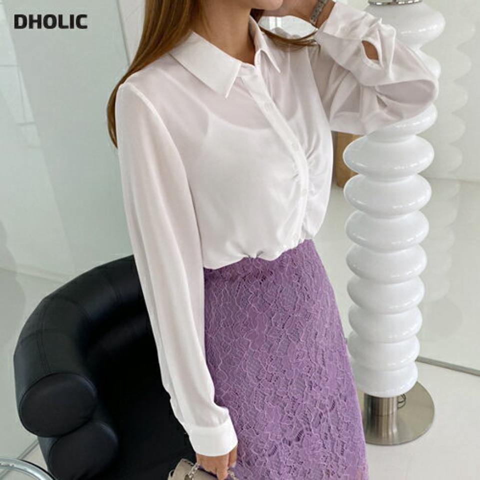 シャーリングボタンカラーブラウス・全2色・t69560 レディース 【bl】トップス ブラウス 長袖 シャーリング 単色 無地 シンプル 上品 かわいい オフィスカジュアル 春 秋 韓国 ファッション ハイホリHIHOLLI