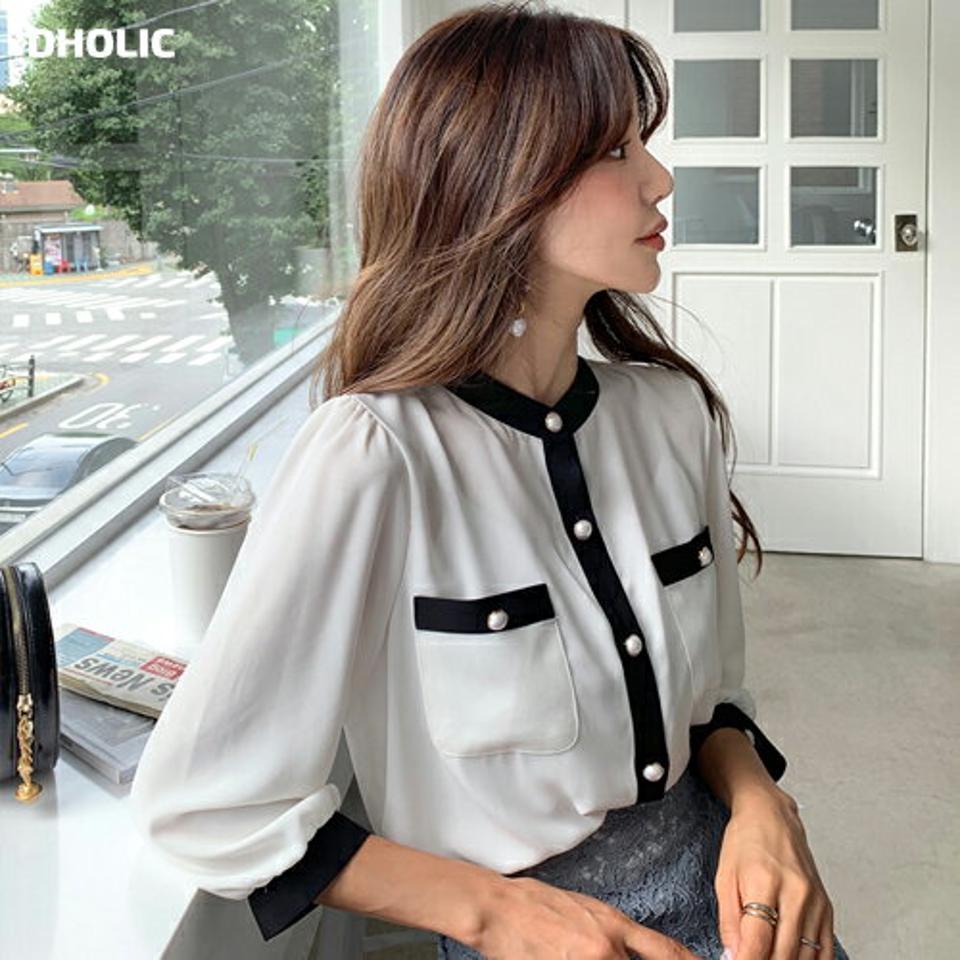 パール調ボタン配色ブラウス・全4色・t64602 レディース 【bl】韓国ファッション トップス ブラウス 長袖 ルーズ ゆったり 配色 ライン ボタン パフスリーブ パール調 フェミニン カジュアル オフィスカジュアル 秋 春