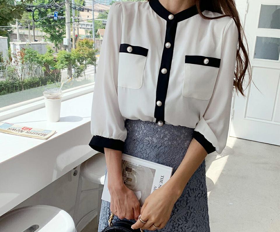 パール調ボタン配色ブラウス・全4色・t64602 レディース 【bl】韓国ファッション トップス ブラウス 長袖 ルーズ ゆったり 配色 ライン ボタン パフスリーブ パール調 フェミニン カジュアル オフィスカジュアル 秋 春