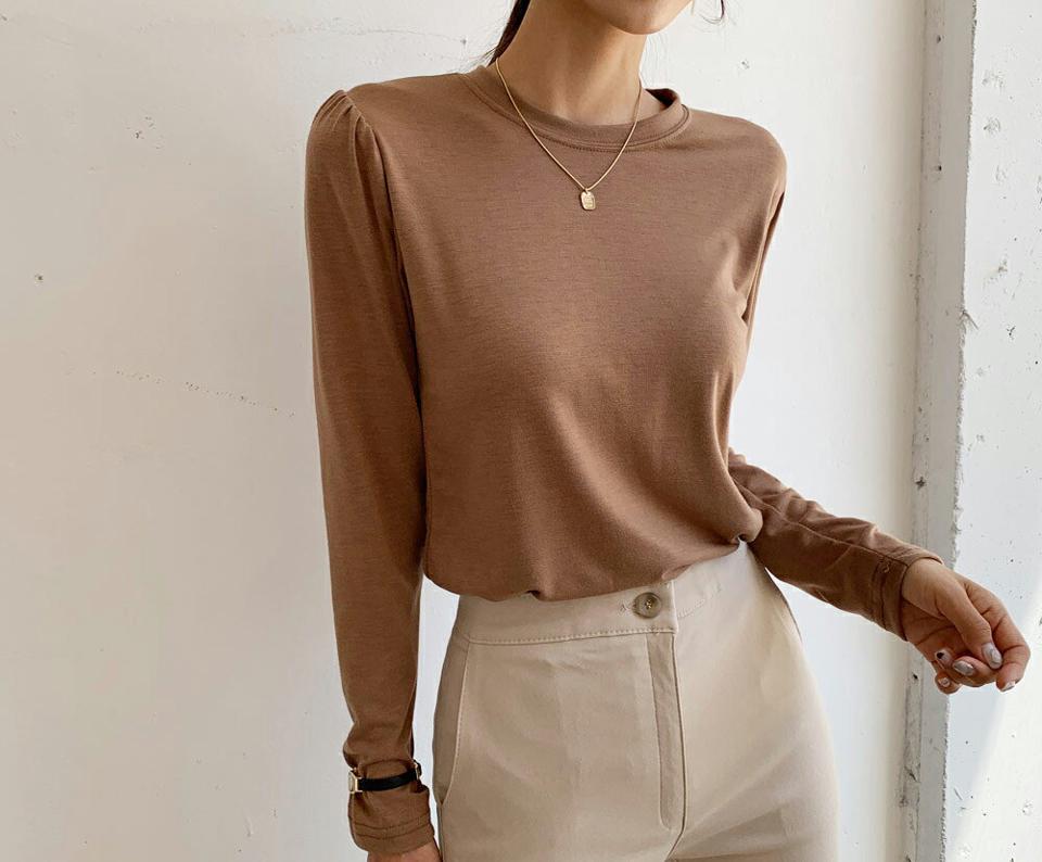 ギャザースリーブラウンドネックTシャツ・全4色・b64589 レディース 【tops】韓国 ファッション トップス Tシャツ 長袖 ギャザースリーブ ギャザー ラウンドネック スリム フィット ベーシック デイリー 体型カバー 細身 フェミニン 秋 春