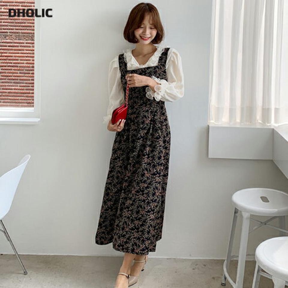 花柄リボンノースリワンピース・全3色・t64610 レディース 【ops】韓国ファッション ワンピース ロングワンピース 小花柄 花柄 リボン スリーブレス ノースリーブ キャミソールワンピース キャミソール フェミニン 秋 春