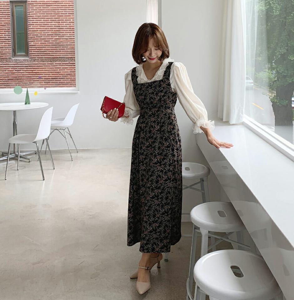花柄リボンノースリワンピース・全3色・t64610 レディース 【ops】韓国ファッション ワンピース ロングワンピース 小花柄 花柄 リボン スリーブレス ノースリーブ キャミソールワンピース キャミソール フェミニン 秋 春