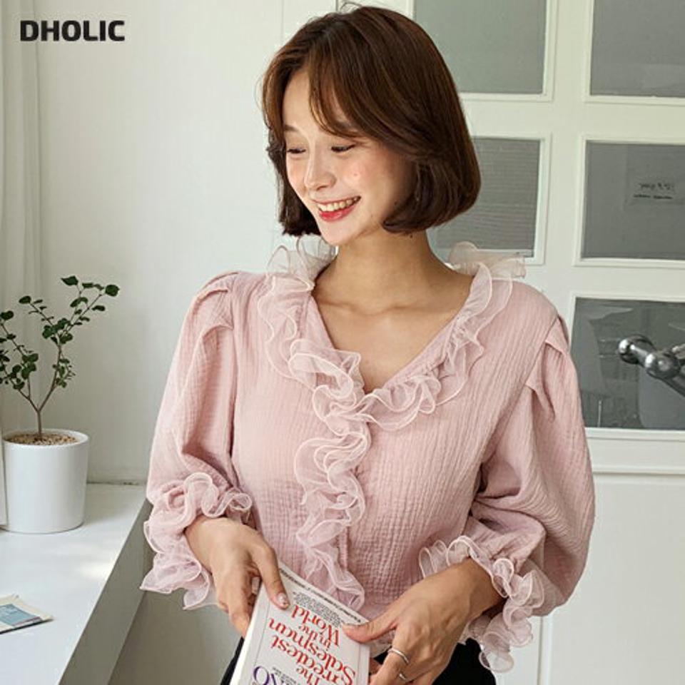 シアーフリルリンクルブラウス・全3色・t64600 レディース 【bl】韓国 ファッション トップス ブラウス 長袖 ルーズ ゆったり ラブリー リンクル ボタン Vネック シースルー フリル ゴム フェミニン カジュアル 秋 春