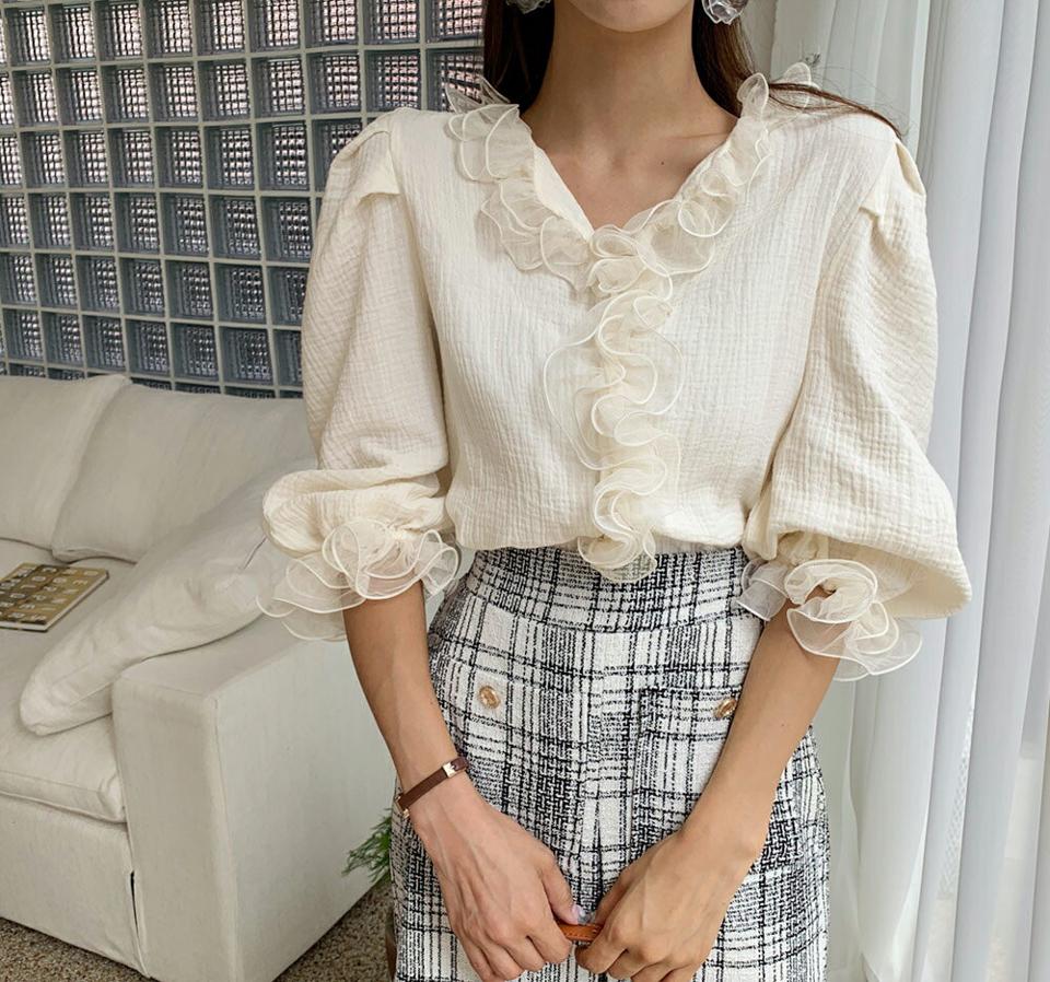 シアーフリルリンクルブラウス・全3色・t64600 レディース 【bl】韓国 ファッション トップス ブラウス 長袖 ルーズ ゆったり ラブリー リンクル ボタン Vネック シースルー フリル ゴム フェミニン カジュアル 秋 春