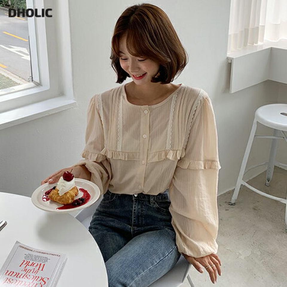 レースピンタックフリルブラウス・全3色・t64601 レディース 【bl】韓国ファッション トップス ブラウス 長袖 ルーズ ゆったり ラウンドネック スカラップ レース パフスリーブ ピンタック フェミニン カジュアル 秋 春