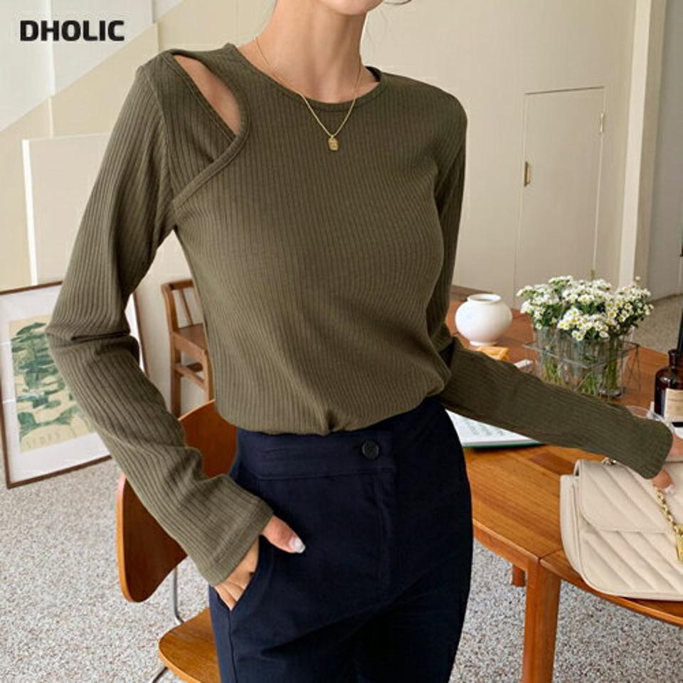 カットアウトリブTシャツ・全3色・t64597 レディース 【tops】韓国ファッション トップス Tシャツ 長袖 カットアウト リブ スリム フィット タイト ラウンドネック レイヤード風 ベーシック デイリー フェミニン 秋 春