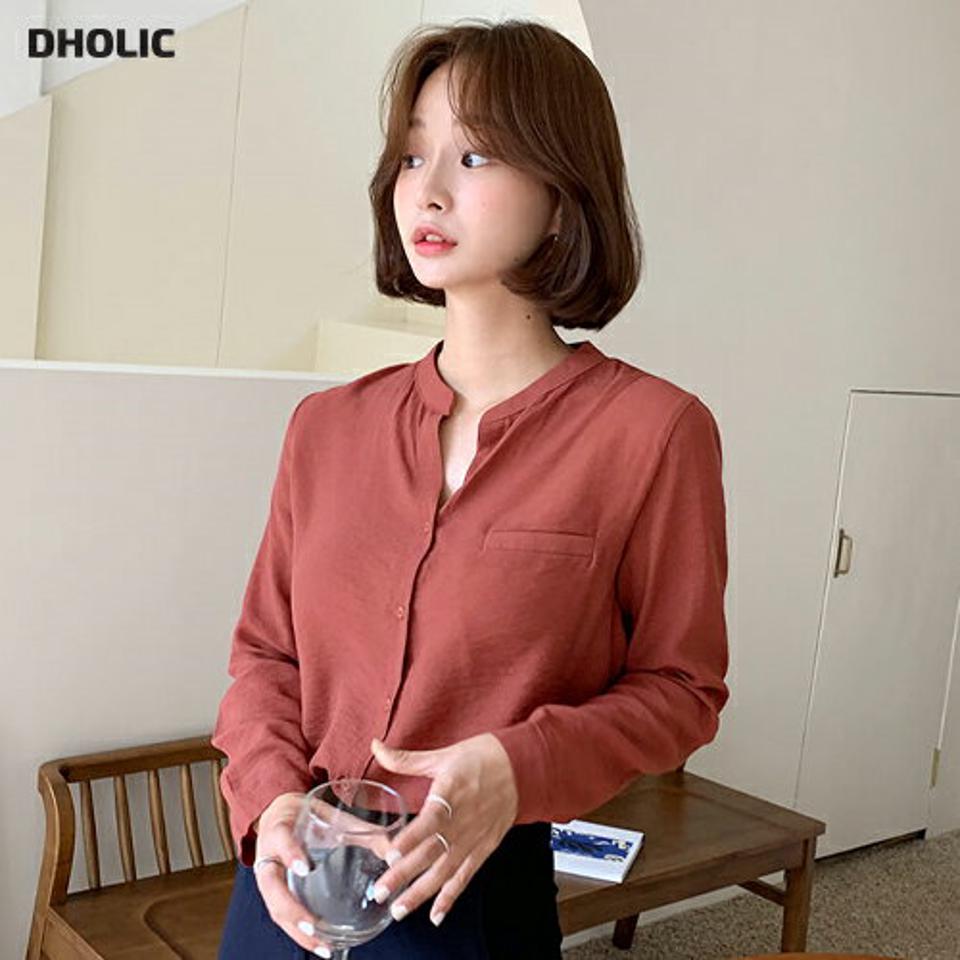 バンドカラーシャツブラウス・全4色・t64596 レディース 【bl】韓国ファッション トップス ブラウス 長袖 ルーズ ゆったり ラウンドネック バンドカラー シャツブラウス ポケット フェミニン カジュアル オフィスカジュアル 秋 春