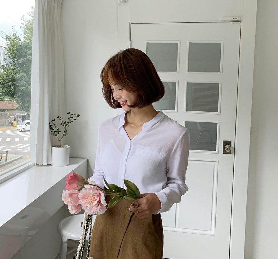 バンドカラーシャツブラウス・全4色・t64596 レディース 【bl】韓国ファッション トップス ブラウス 長袖 ルーズ ゆったり ラウンドネック バンドカラー シャツブラウス ポケット フェミニン カジュアル オフィスカジュアル 秋 春