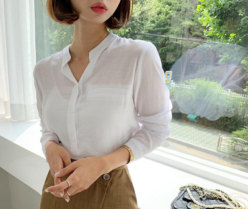 バンドカラーシャツブラウス・全4色・t64596 レディース 【bl】韓国ファッション トップス ブラウス 長袖 ルーズ ゆったり ラウンドネック バンドカラー シャツブラウス ポケット フェミニン カジュアル オフィスカジュアル 秋 春