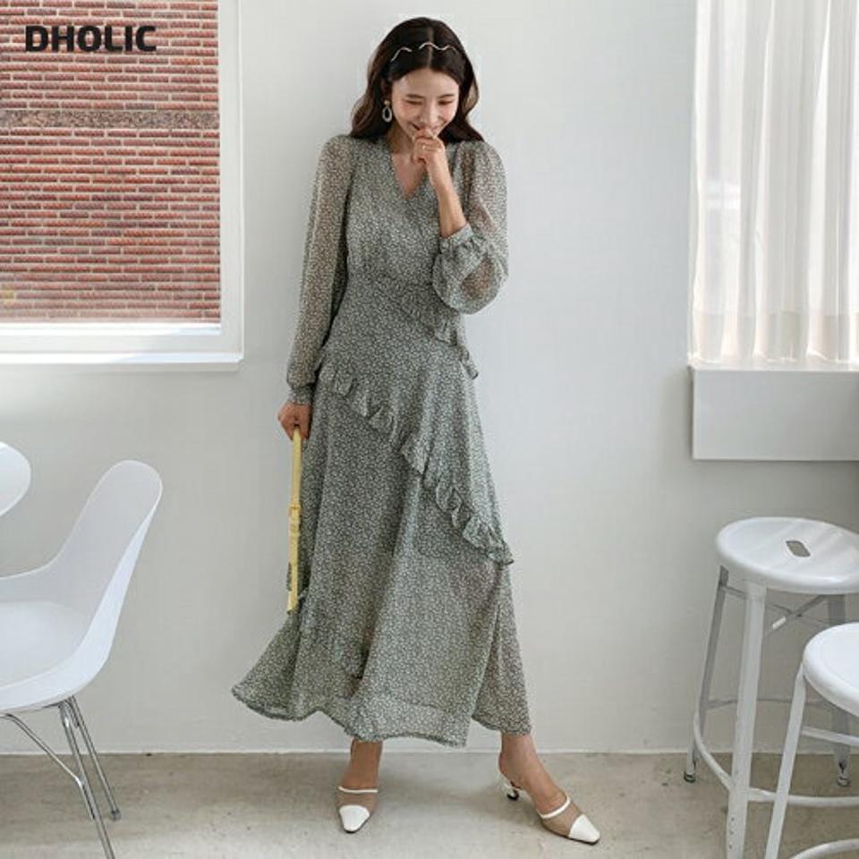 フリルカシュクール花柄ワンピース・全2色・b64606 レディース 【ops】韓国 ファッション ワンピース ロング ロングワンピース 長袖 カシュクール フリル フレア シフォン リボン Vネック Aライン フェミニン 体型カバー 秋 春