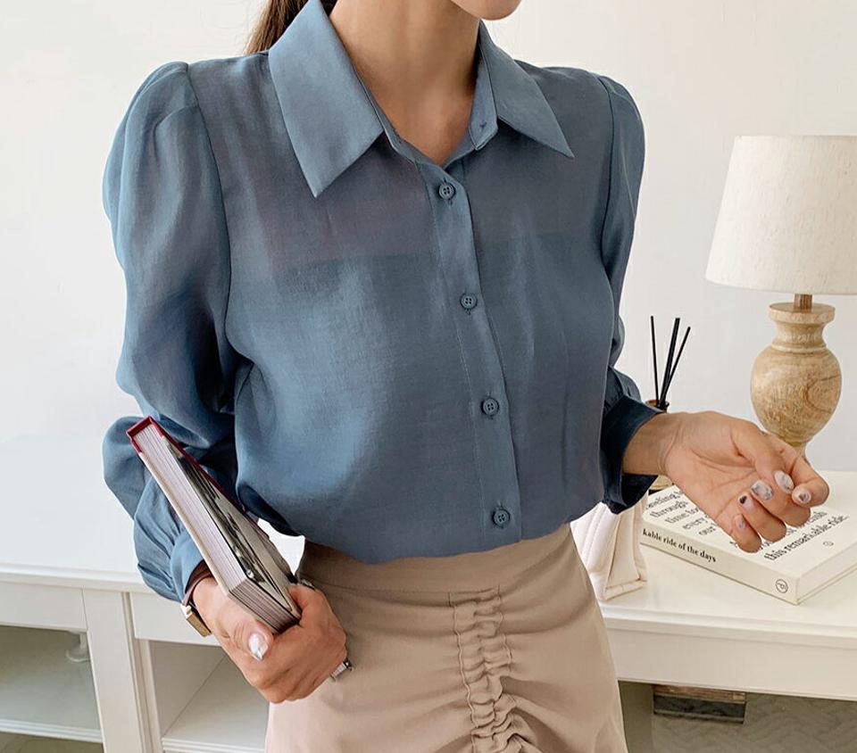 シースルーパフブラウス・全4色・b64603 レディース 【bl】韓国ファッション トップス ブラウス 長袖 ルーズ ゆったり シャツブラウス ボタン シルキー パフスリーブ フェミニン カジュアル オフィスカジュアル オフィス 秋 春