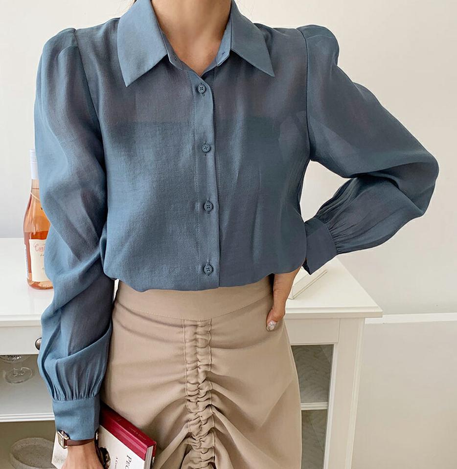 シースルーパフブラウス・全4色・b64603 レディース 【bl】韓国ファッション トップス ブラウス 長袖 ルーズ ゆったり シャツブラウス ボタン シルキー パフスリーブ フェミニン カジュアル オフィスカジュアル オフィス 秋 春