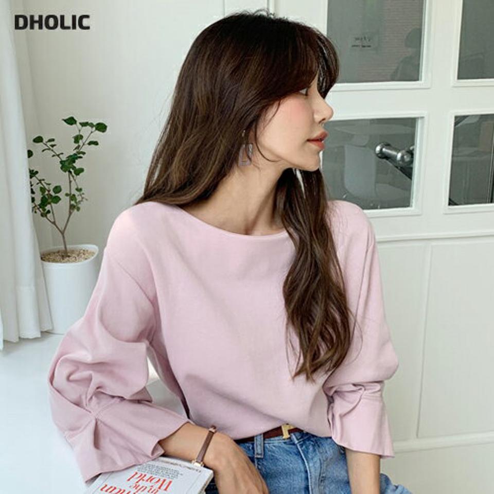 タックスリーブラウンドTシャツ・全3色・b64598 レディース 【tops】韓国ファッション トップス Tシャツ 長袖 パフスリーブ ボリューム ラフ ラウンドネック ベーシック デイリー 体型カバー 細身 フェミニン 秋 春