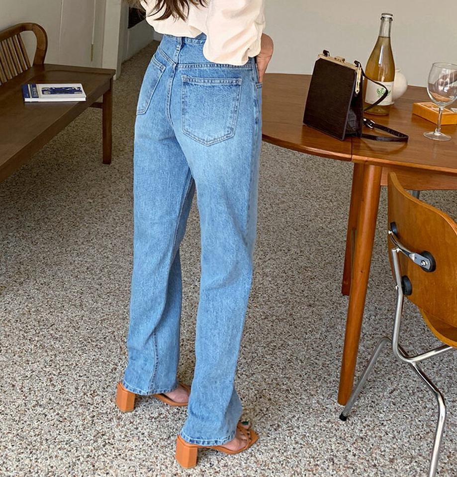 ストレートデニムパンツ・全1色・t64622 レディース 【pt】韓国ファッション ボトムス ロング ロングパンツ ベーシック 美脚 ストレート デニムパンツ ハイウエスト デニム ワイド 体型カバー 細身 足長 着痩せ 秋 春