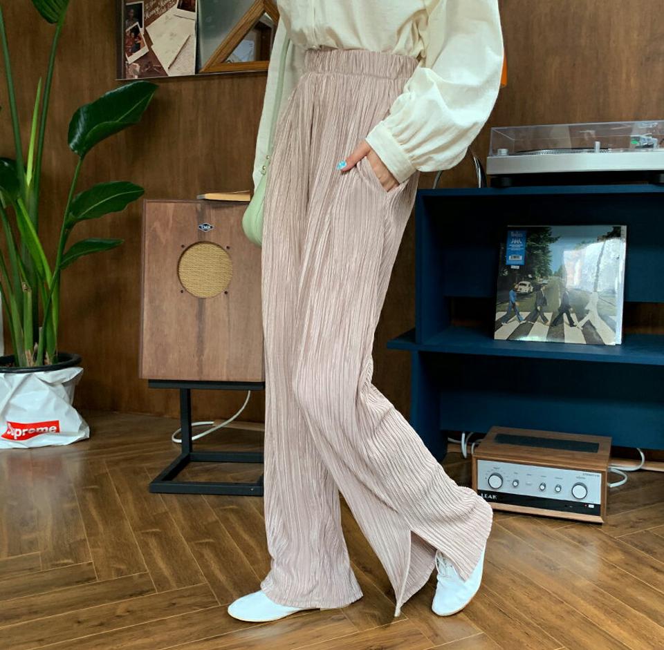 ウエストゴムプリーツパンツ・全3色・t00592 レディース 【pt】韓国 ファッション ボトムス パンツ ロング ロングパンツ ストレート ゴム プリーツ スリット ハイウエスト ベーシック 美脚 足長 細身 着痩せ 体型カーバー 春 夏 NIJU